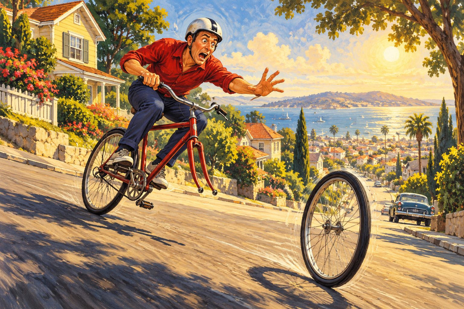 A cyclist whose front wheel has rolled away in a comic adventure illustration