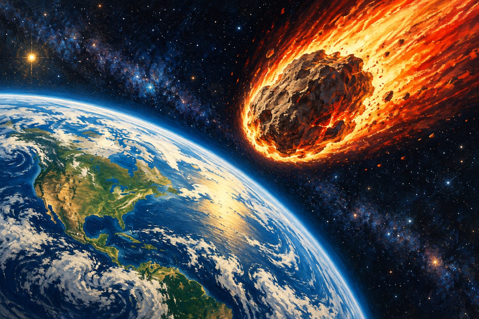 An enormous fiery meteor approaching Earth in an exaggerated space illustration