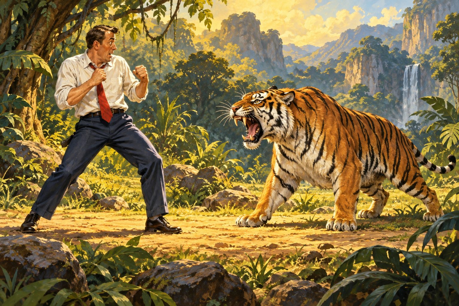 An office worker facing a roaring tiger in an exaggerated adventure illustration